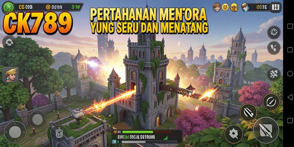 Screenshot gameplay CK789 menunjukkan aksi pertahanan menara yang intens.