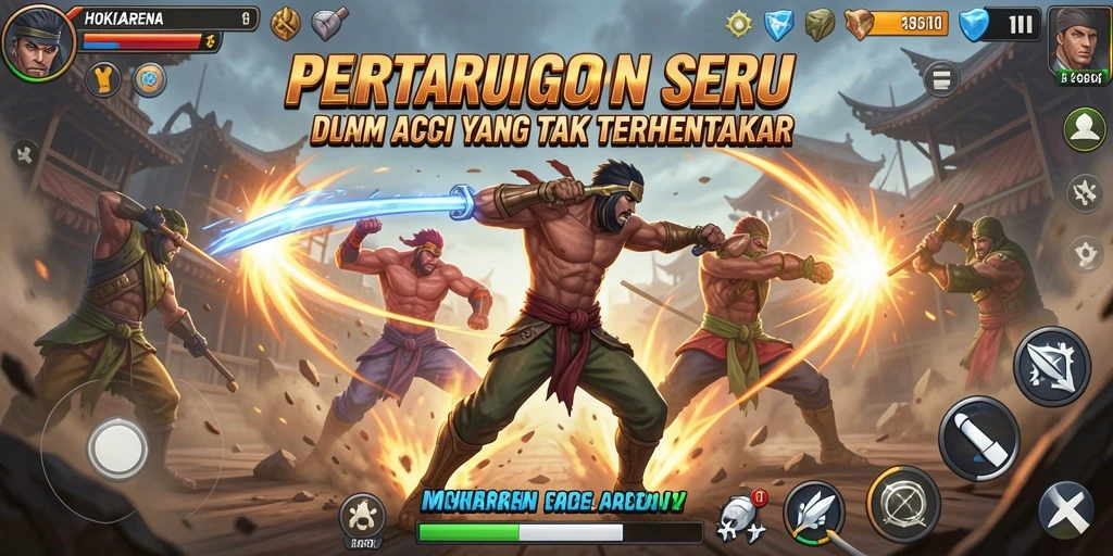 Screenshot HOKIARENA menampilkan pertarungan seru dengan karakter yang beraksi.