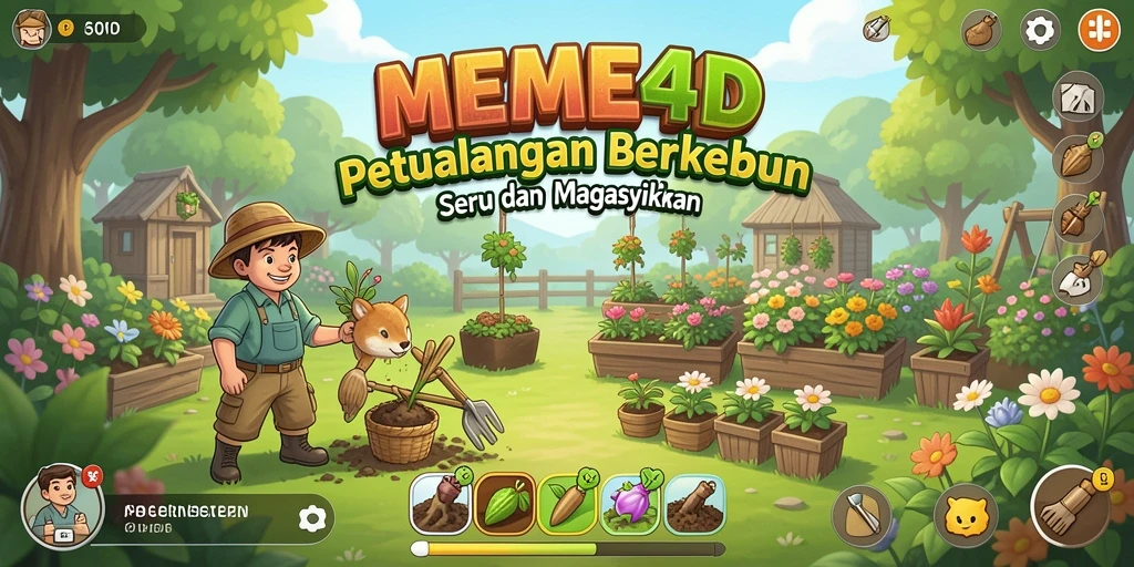 Screenshot utama menampilkan gameplay berkebun yang menarik di MEME4D.