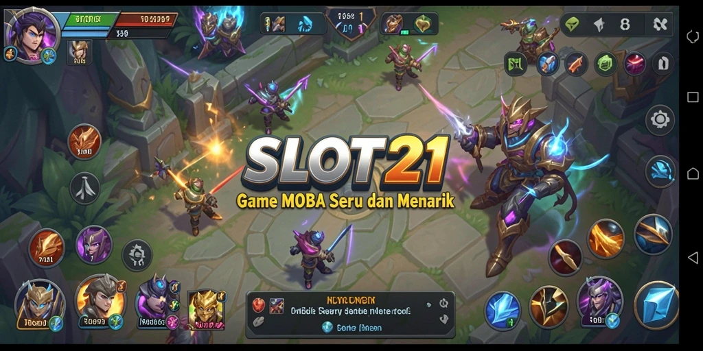 Screenshot utama menampilkan aksi pertarungan seru di arena MOBA.