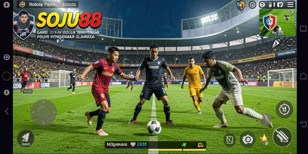 Tampilan layar utama SOJU88 menampilkan gameplay sepak bola yang mendebarkan.